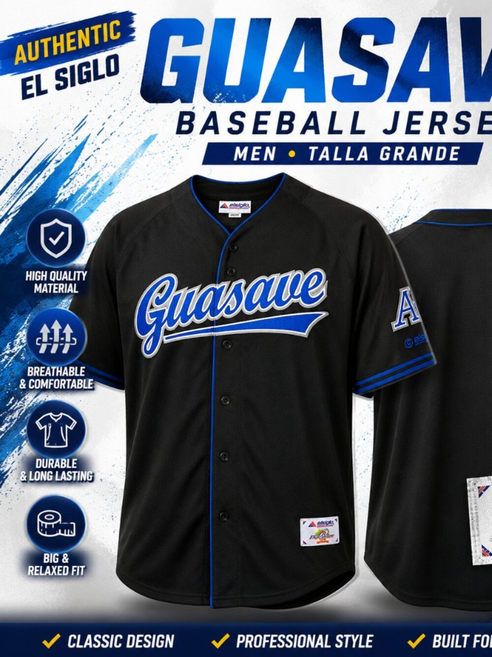 GUASAVE El Siglo Pro Series Baseball Jersey Men's Large Black Blue Embroidered